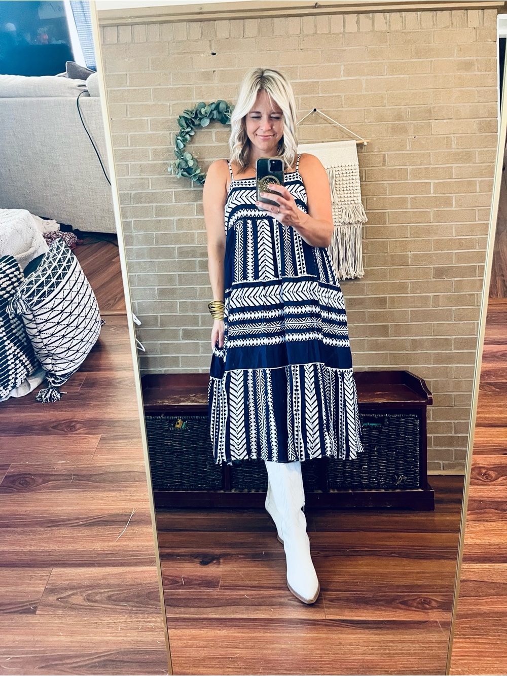 JODIFL Navy & White Geometric Spaghetti-Strap Midi Dress